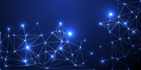 Abstract network of glowing points and lines. A wave of interconnected nodes. Intricate lines and dots creating a glowing abstract network on a dark background. © Mamun988