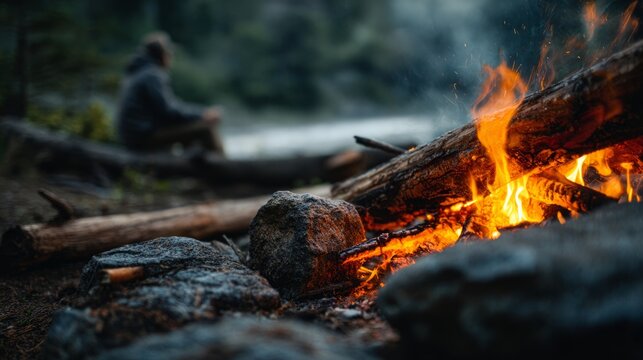 Campfire glowing brightly with logs and stones in a serene outdoor setting at dusk