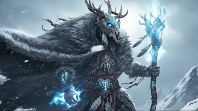 Shaman with antler mask and staff. Spirit guardian creature in winter snow. Fantasy art for pagan Christmas design.