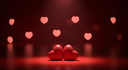 Two red heart shaped objects in a romantic spotlight with bokeh hearts