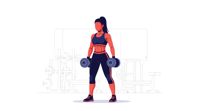 Flat vector confident woman lifting dumbbells during strength session with bold stance. Ideal for gym promotions, workout programs, strength training guides, and fitness branding