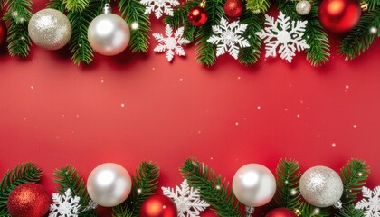 Festive holiday decorations christmas celebration digital art indoor setting eye-level view joyful atmosphere with ornaments and snowflakes on red background