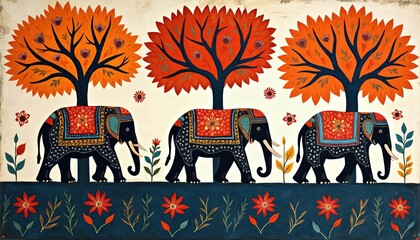 Three decorated elephants walk in procession under stylized trees with orange foliage. Folk art style features floral motifs, vibrant colors. Elephant parade with patterned blankets, ornamental