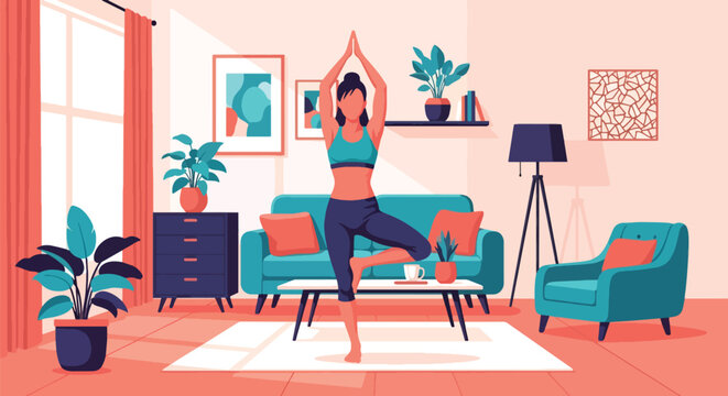 Flat vector woman practicing yoga balance pose in calm interior with plants. Ideal for yoga apps, wellness branding, meditation content, and holistic health illustrations