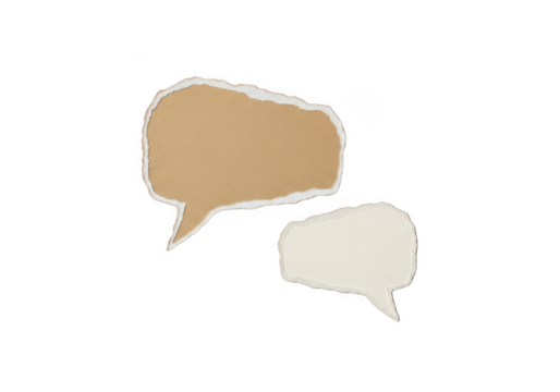 Two torn paper speech bubbles, one larger brown and one smaller white, isolated on transparent background