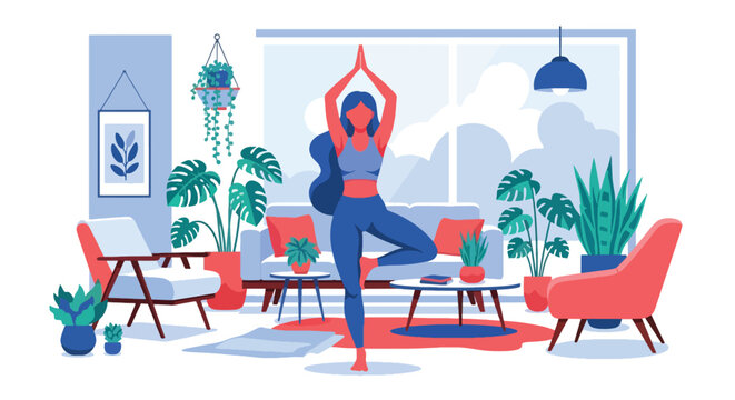 Flat vector woman practicing yoga balance pose in calm interior with plants. Ideal for yoga apps, wellness branding, meditation content, and holistic health illustrations