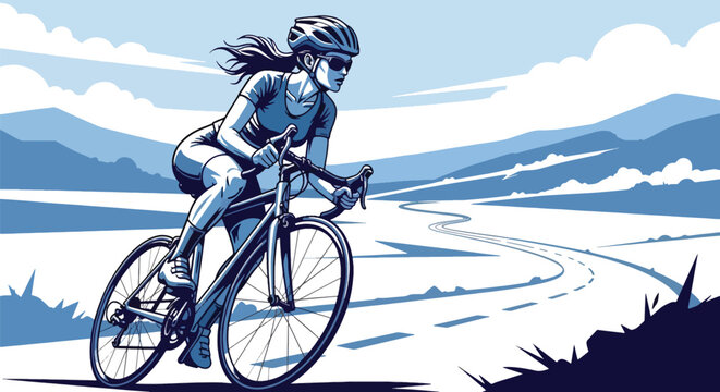 Flat vector sporty woman cycling on open road with helmet and activewear. Ideal for cycling promotions, outdoor fitness content, sports blogs, and healthy lifestyle visuals - Powered by Adobe
