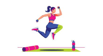Flat vector woman performing HIIT cardio workout at home in dynamic pose. Ideal for fitness apps, workout programs, healthy lifestyle posts, and home exercise tutorials