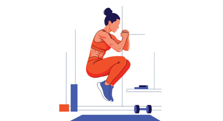 Flat vector woman performing HIIT cardio workout at home in dynamic pose. Ideal for fitness apps, workout programs, healthy lifestyle posts, and home exercise tutorials