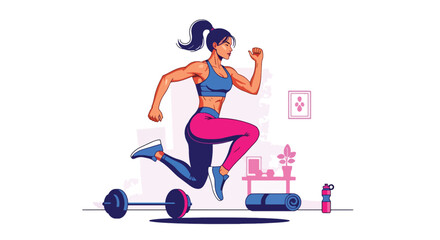 Flat vector woman performing HIIT cardio workout at home in dynamic pose. Ideal for fitness apps, workout programs, healthy lifestyle posts, and home exercise tutorials