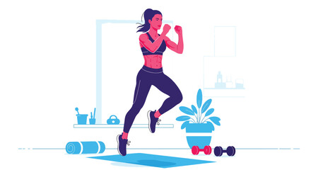 Flat vector woman performing HIIT cardio workout at home in dynamic pose. Ideal for fitness apps, workout programs, healthy lifestyle posts, and home exercise tutorials