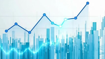 Financial data visualization showing a rising line graph over a bar chart cityscape. - Powered by Adobe
