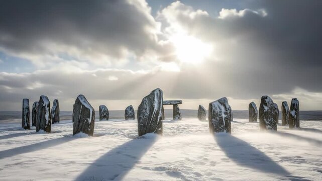 Ancient stone circle covered in snow during winter day. Pagan winter solstice celebration, yule ritual concept