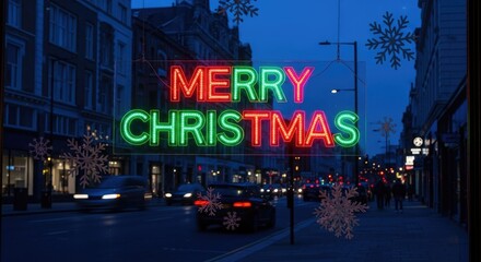 Vibrant 'MERRY CHRISTMAS' neon sign in a shop window, city street at night with snowflakes.