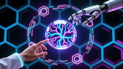 A human and robot hands shaping glowing crystal sphere showing ai teamwork and technical support and customer service - Powered by Adobe