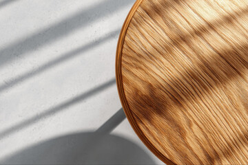 Bright oak table top mockup with sunlight reflection, warm wood grain, round edge, minimal scene, soft shadow, natural texture, calm mood