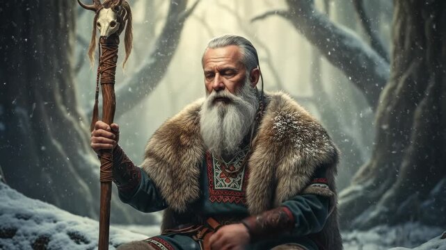 Old man druid with staff in winter forest. Pagan Christmas and folklore concept in snow for ancient tradition.
