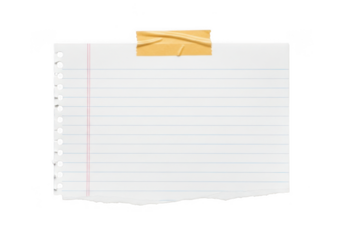 A torn piece of lined paper, taped to a transparent background with yellow tape