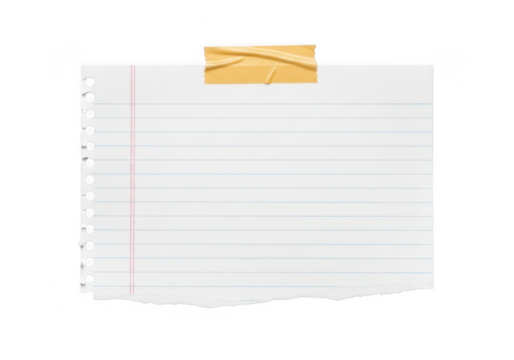 A torn piece of lined paper, taped to a transparent background with yellow tape