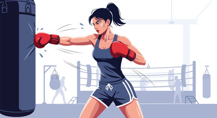 Flat vector athletic woman boxing with punching bag in powerful stance. Ideal for boxing gyms, fitness promotions, martial training content, and motivational visuals