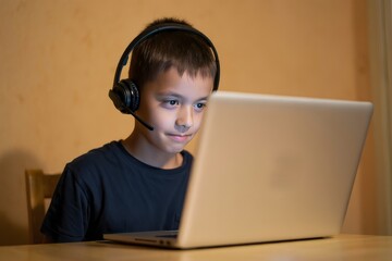 Boy using laptop with headset for online gaming or studying at home desk