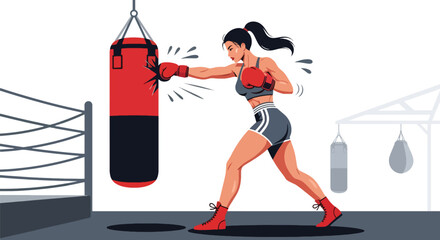 Flat vector athletic woman boxing with punching bag in powerful stance. Ideal for boxing gyms, fitness promotions, martial training content, and motivational visuals
