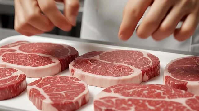 A close-up shot features a pair of human hands meticulously arranging several uncooked cuts of rich, red meat on a pristine white surface. The distinct marbling visible across the steaks signifies pre