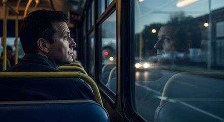 Pensive Man Looking Out Window on a Night Bus Ride