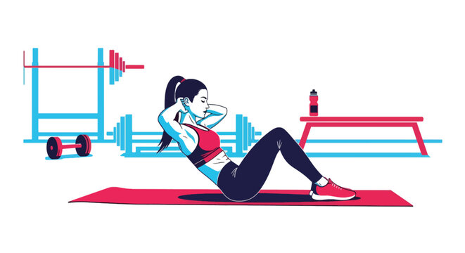 Flat vector woman doing core training on mat with strong posture. Ideal for workout tutorials, gym programs, fitness branding, and healthy lifestyle visuals
