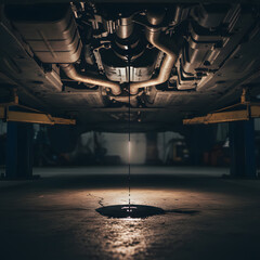 Oil Dripping from Car Undercarriage in a Dark Garage