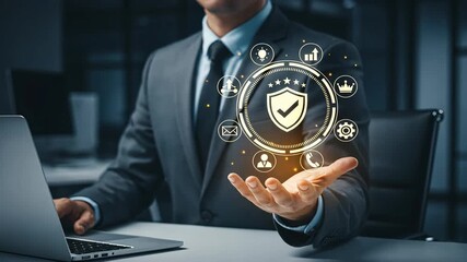 A businessman presenting glowing badge hologram with stars showing trust and technical support and customer service