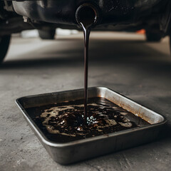 Used Engine Oil Draining from a Car into a Metal Pan