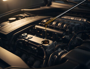 Pouring Fresh Oil into a Dark Car Engine Bay