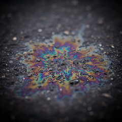 Oil Spill Rainbow Sheen on Dark Wet Asphalt Pavement