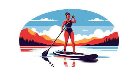 Flat vector sporty woman paddleboarding on calm lake with balanced stance. Ideal for outdoor fitness ads, summer activity visuals, and healthy lifestyle design