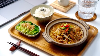 Delicious braised tofu with rice and vegetable on wooden tray at office