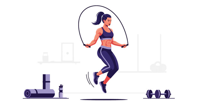 Flat vector woman doing jump-rope cardio in fitness zone with dynamic movement lines. Ideal for training routines, workout apps, fitness campaigns, and gym illustrations