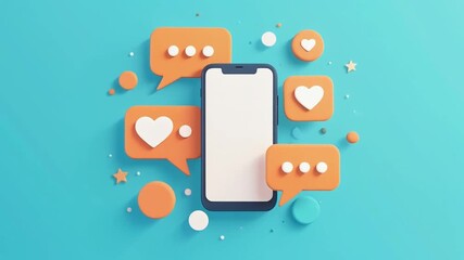 3d animation of smartphone with social media icons and chat bubbles - Powered by Adobe