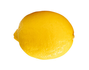Side view of single fresh ripe yellow lemon fruit with water droplets isolated on white background with clipping path