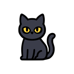 Obraz premium Cute black cartoon cat sitting calmly with bright yellow eyes, curved tail, and bold outlined style on white background
