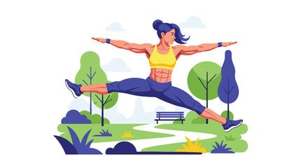 Flat vector woman performing energetic jump stretch during outdoor workout. Ideal for fitness promotions, exercise apps, healthy lifestyle visuals, and motivational design