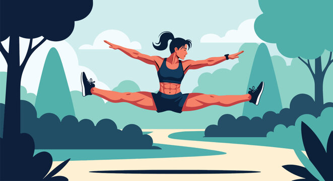 Flat vector woman performing energetic jump stretch during outdoor workout. Ideal for fitness promotions, exercise apps, healthy lifestyle visuals, and motivational design
