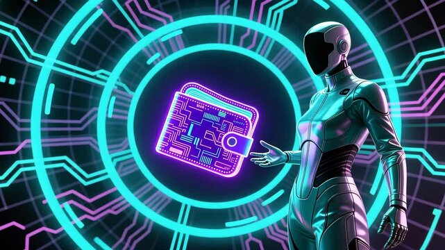 A futuristic figure with digital wallet hologram glowing in neon rings, symbolizing e commerce and technical support and customer service