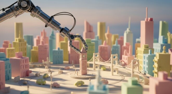 Robotic arm delicately rearranges miniature pastel cityscape with iconic landmark