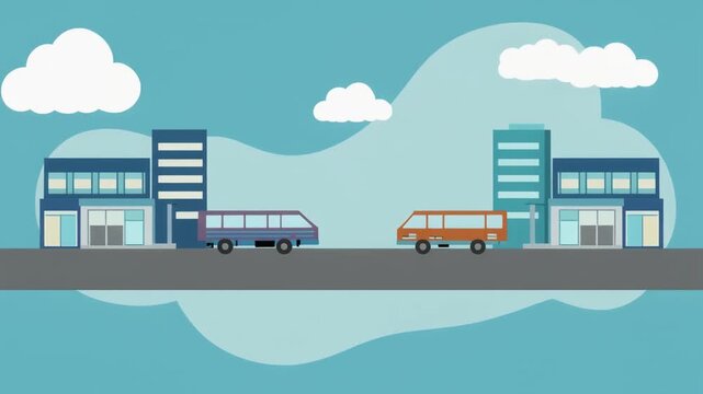 Illustrative city street scene featuring colorful vehicles and modern buildings under a bright blue sky with fluffy clouds