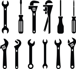 Set of black silhouettes comprising various hand tools like wrenches, screwdrivers, and spanners isolated on white background for mechanic repair