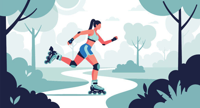 Flat vector woman rollerblading on park path with dynamic movement. Ideal for outdoor fitness themes, active lifestyle designs, and healthy recreation content