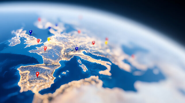 A detailed view of Europe from above, showcasing geographical features and mapped locations with bright pin markers.