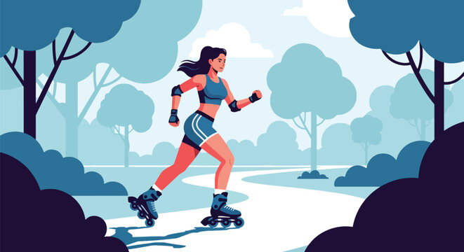 Flat vector woman rollerblading on park path with dynamic movement. Ideal for outdoor fitness themes, active lifestyle designs, and healthy recreation content