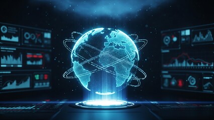 A glowing digital Earth surrounded by data rings, presented on a futuristic interface with various analytical charts, representing global data and AI insights.